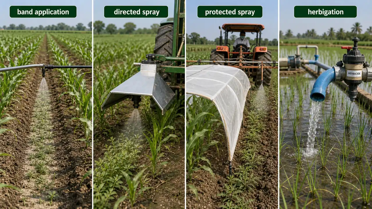 Herbicide application methods showing soil and foliar placement options in crop fields