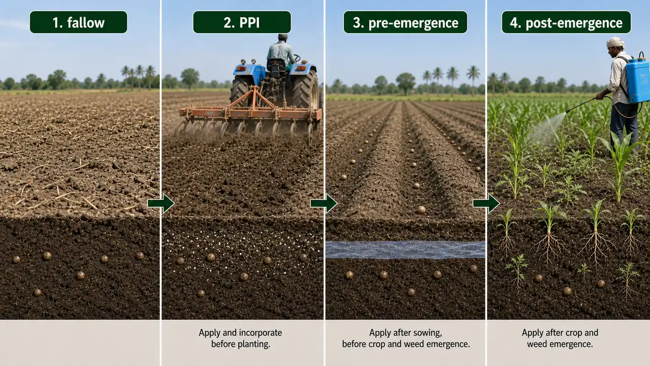 Herbicide use timeline from pre-plant to pre-emergence and post-emergence application