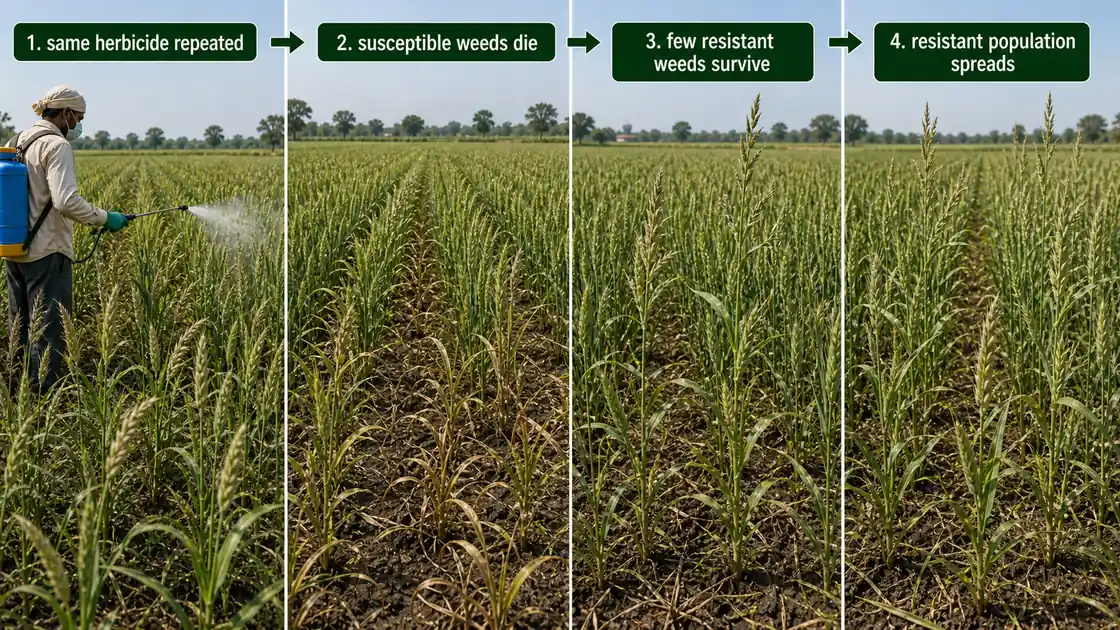 Herbicide resistance selection in wheat field showing repeated spray susceptible weeds dying and resistant weeds spreading