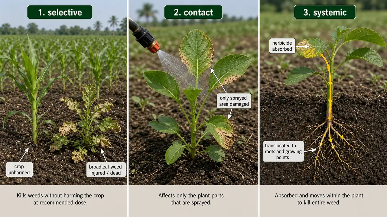 Herbicide action comparison showing selective, contact and systemic weed control