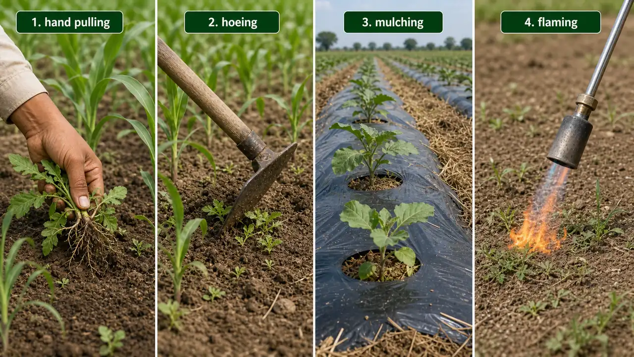 Mechanical weed control comparison showing hand pulling hoeing mulching and flaming
