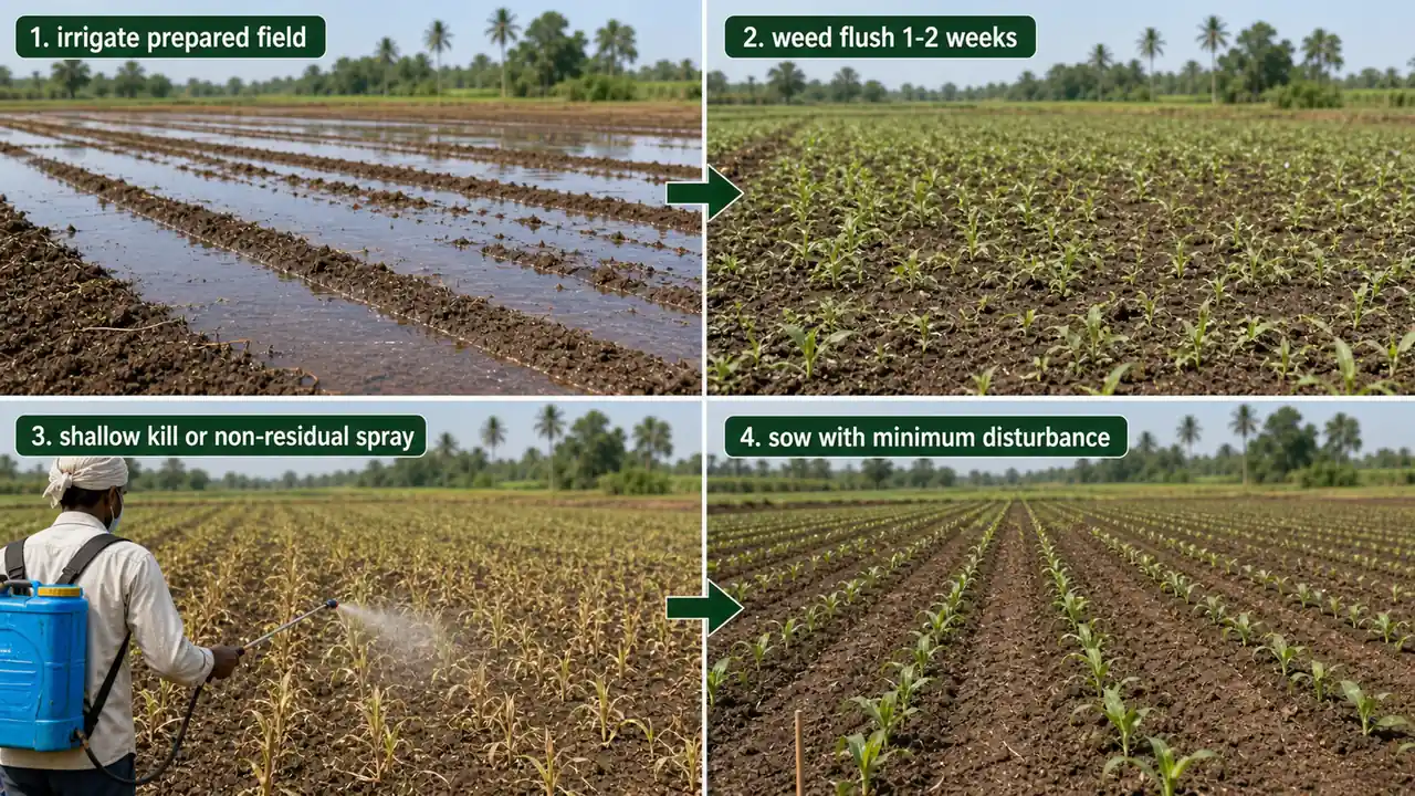 Stale seedbed technique showing irrigation weed flush shallow kill and sowing with minimum disturbance