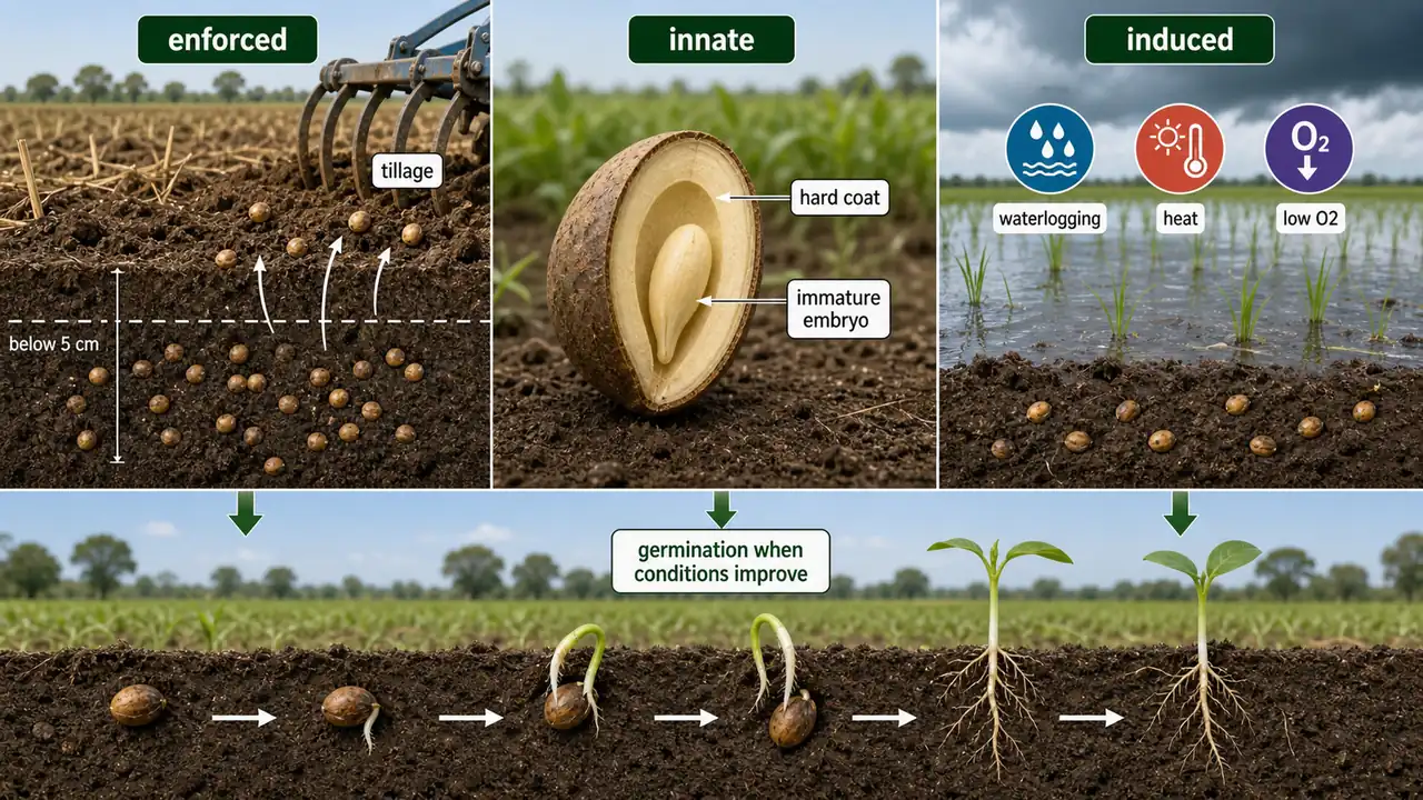 Three weed seed dormancy types showing enforced dormancy by burial innate dormancy by hard seed coat and induced dormancy by stress