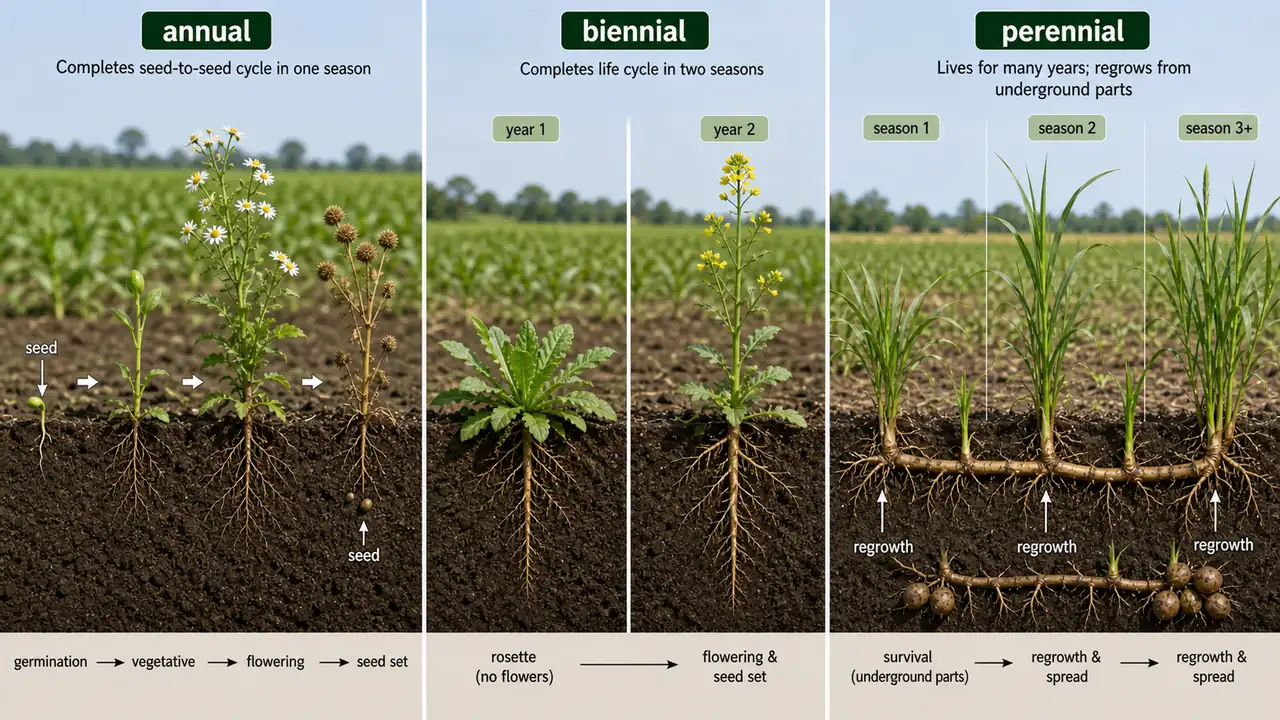 Annual biennial and perennial weed life span comparison showing one-season cycle two-season cycle and multi-season regrowth from underground parts