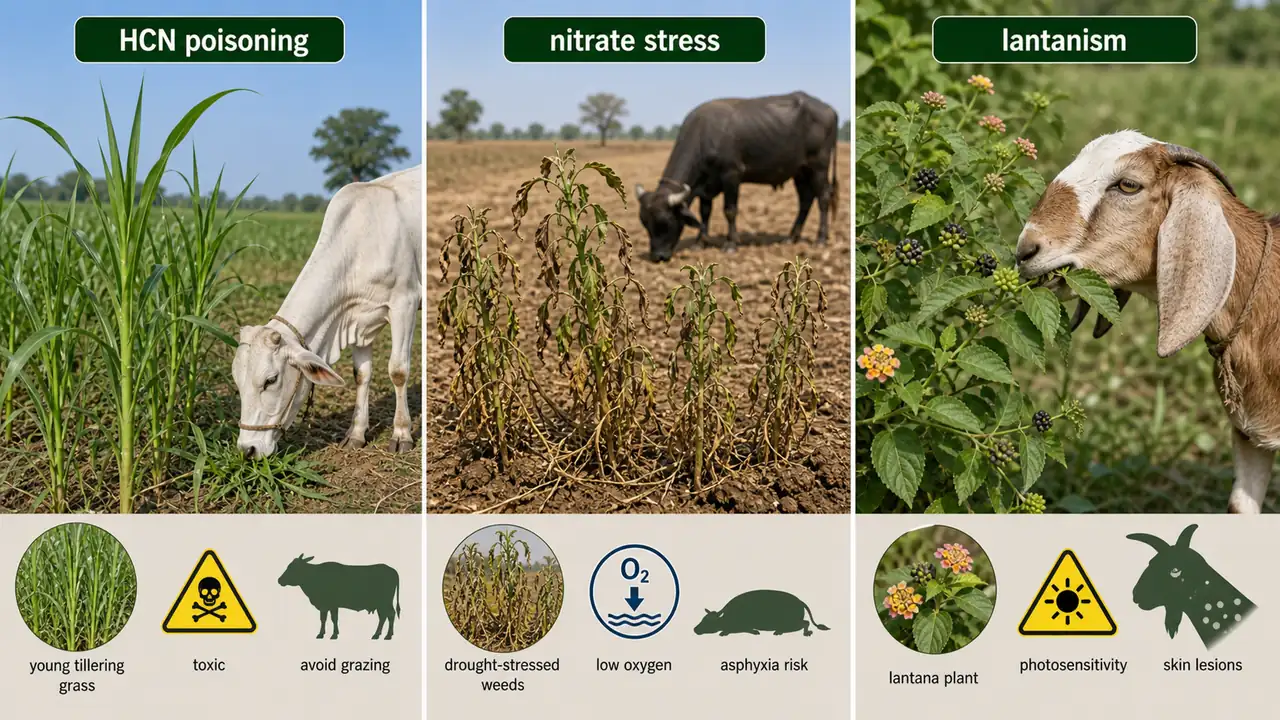 Toxic weed effects showing animal poisoning risks from Johnson grass, nitrate weeds and Lantana
