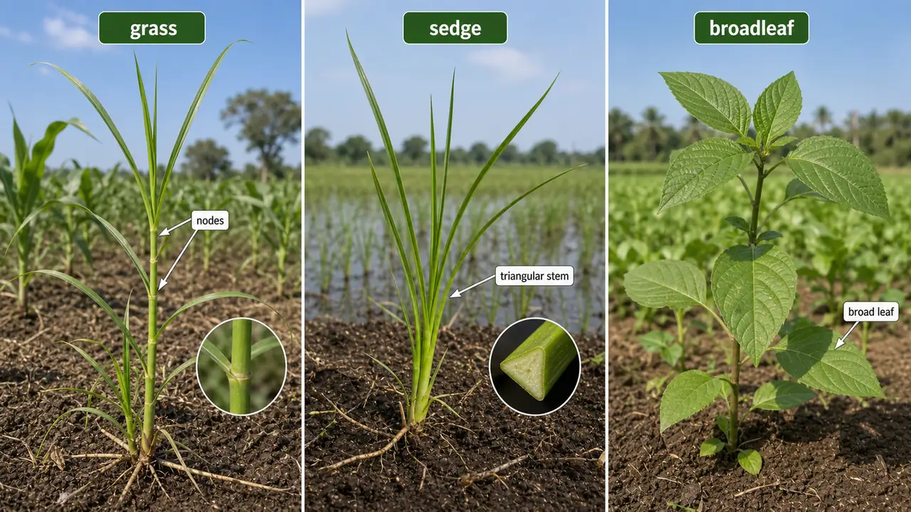 Weed classification in the field showing grass sedge and broadleaf differences for agronomy decisions