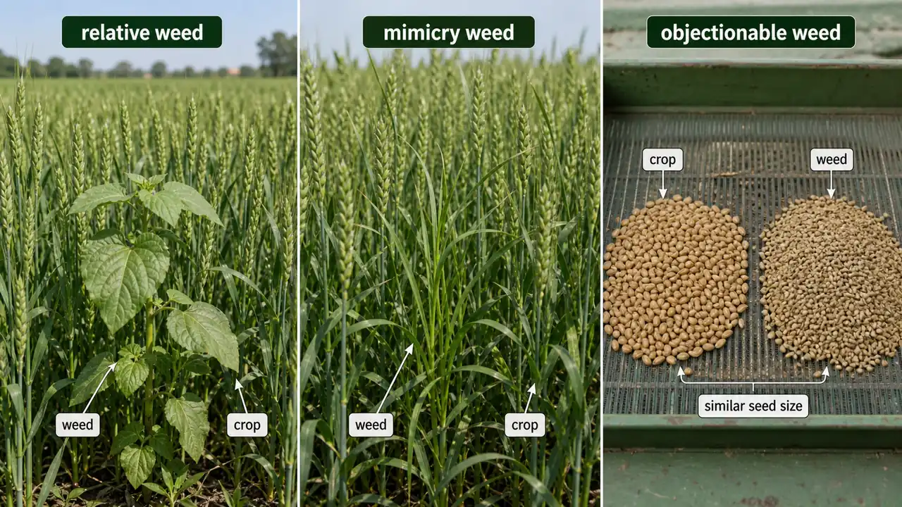 Relative weed concept showing crop plants out of place and weeds mixed with crop plants
