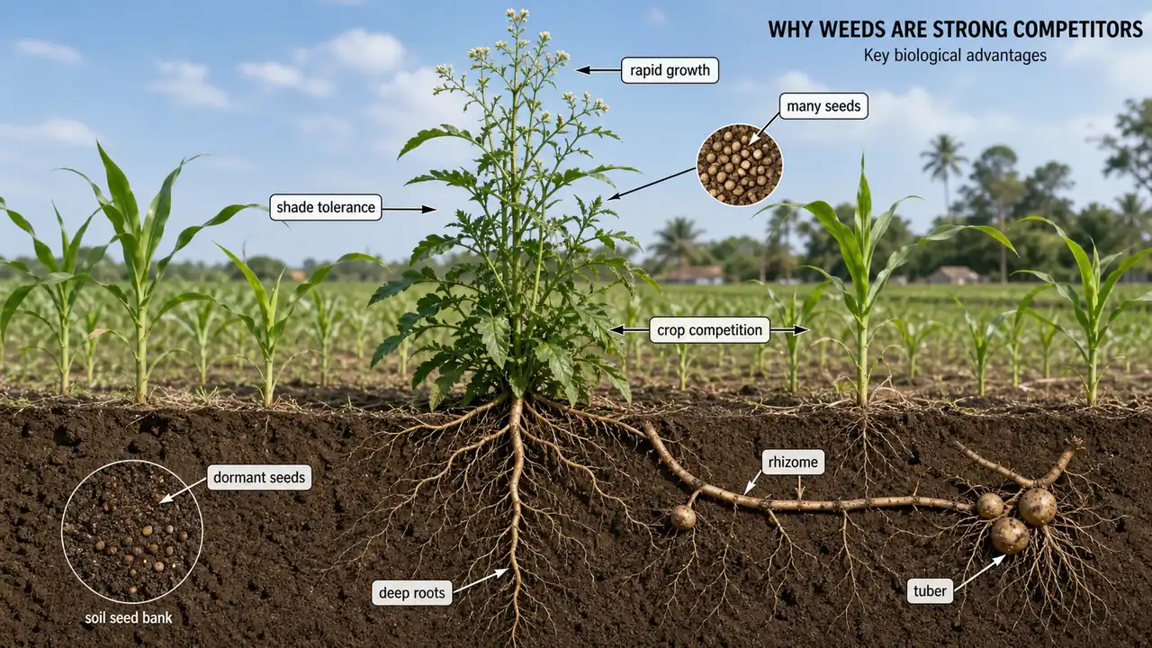 Weed competition in crop field showing seed bank, vegetative propagules and above-ground competition