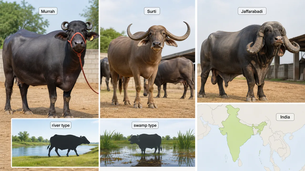Buffalo breed overview showing Murrah, Surti, and Jaffarabadi types with river and swamp buffalo comparison for animal husbandry students