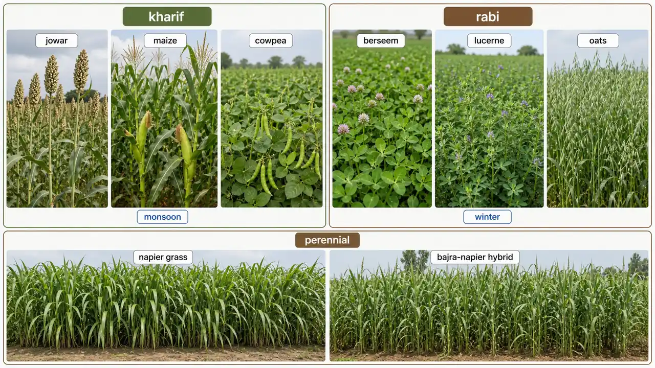 Comparison board showing kharif fodder crops, rabi fodder crops, and perennial grasses used in cattle feeding