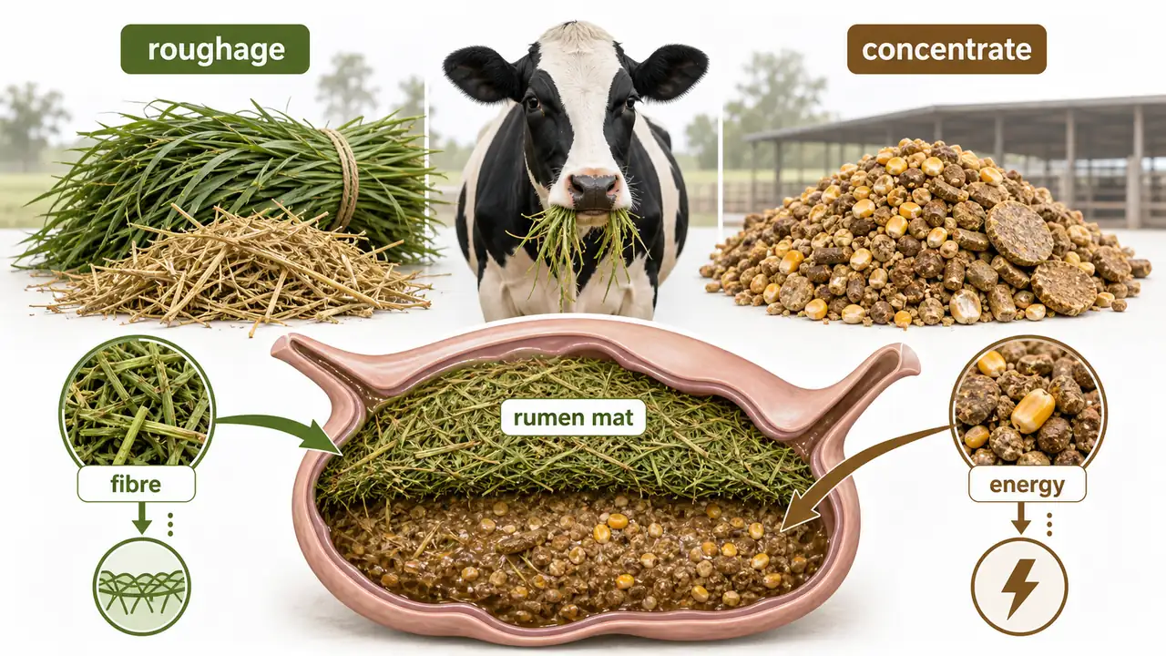 Concentrate versus roughage comparison showing fibrous fodder, concentrate mix, and the rumen mat in cattle rations