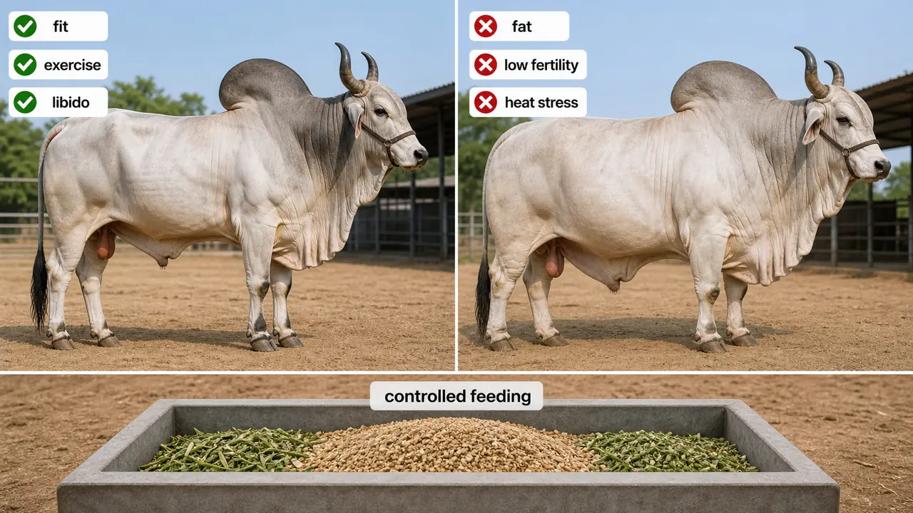 Breeding bull management board showing fit versus overfat body condition with exercise and controlled feeding