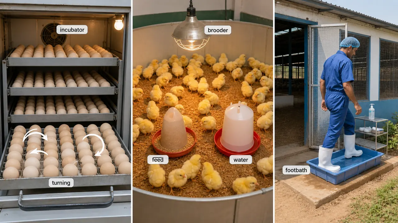 Poultry management board showing incubator egg turning, brooder care for chicks, and farm footbath biosecurity