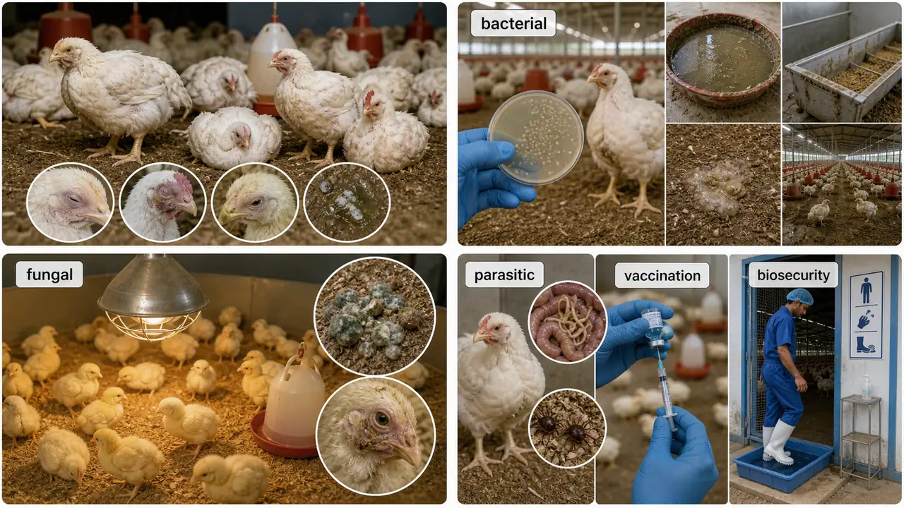 Poultry disease categories board showing bacterial, fungal, parasitic, and preventive management viewpoints