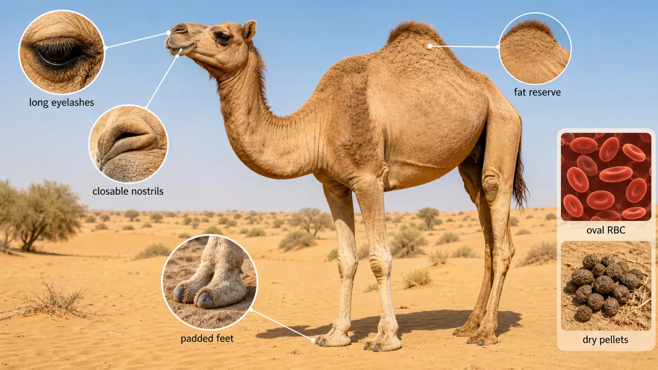 Camel desert adaptation diagram showing eyelashes, closable nostrils, padded feet, oval red blood cells, and dry dung pellets