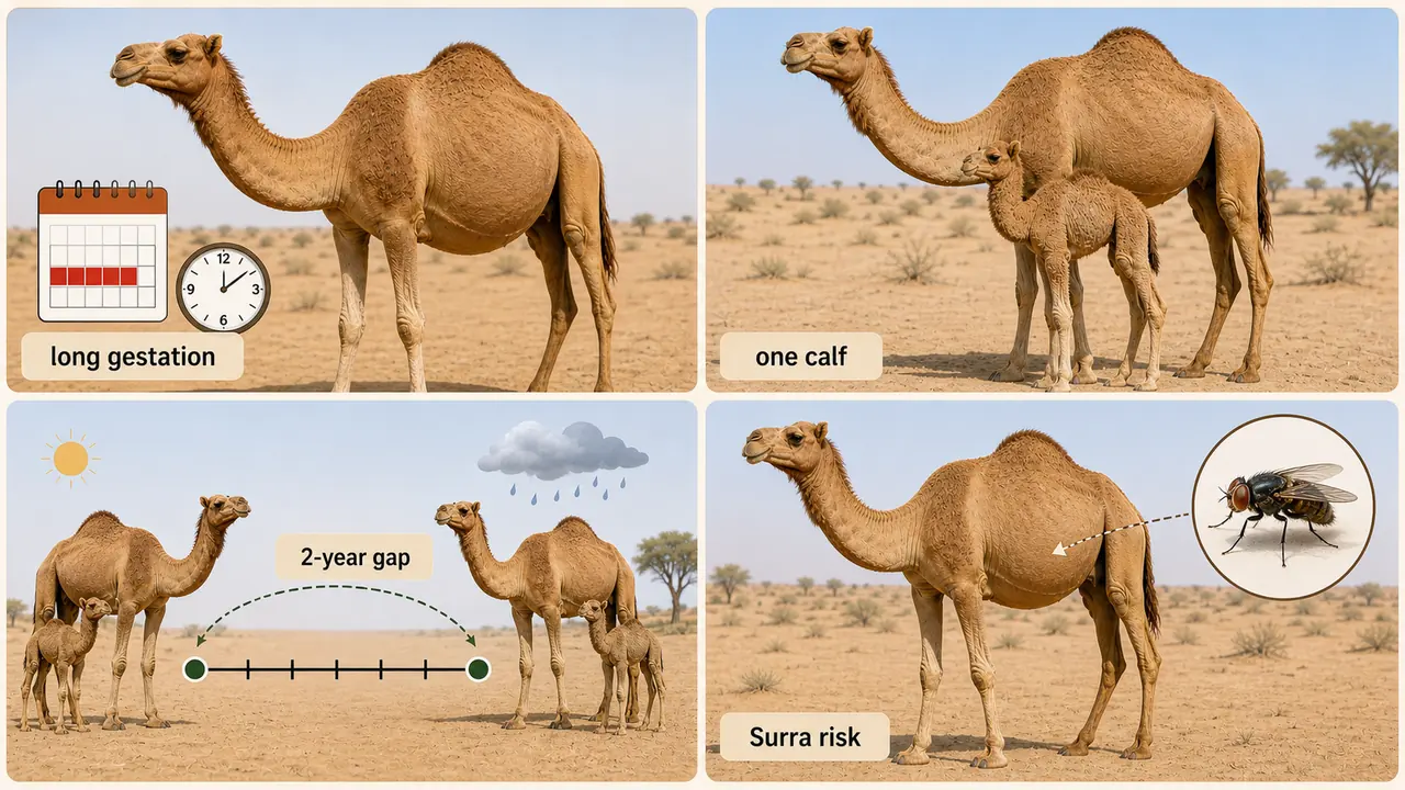 Camel reproductive parameters board showing long gestation, single calf birth, wide calving gap, and Surra-related reproductive loss risk
