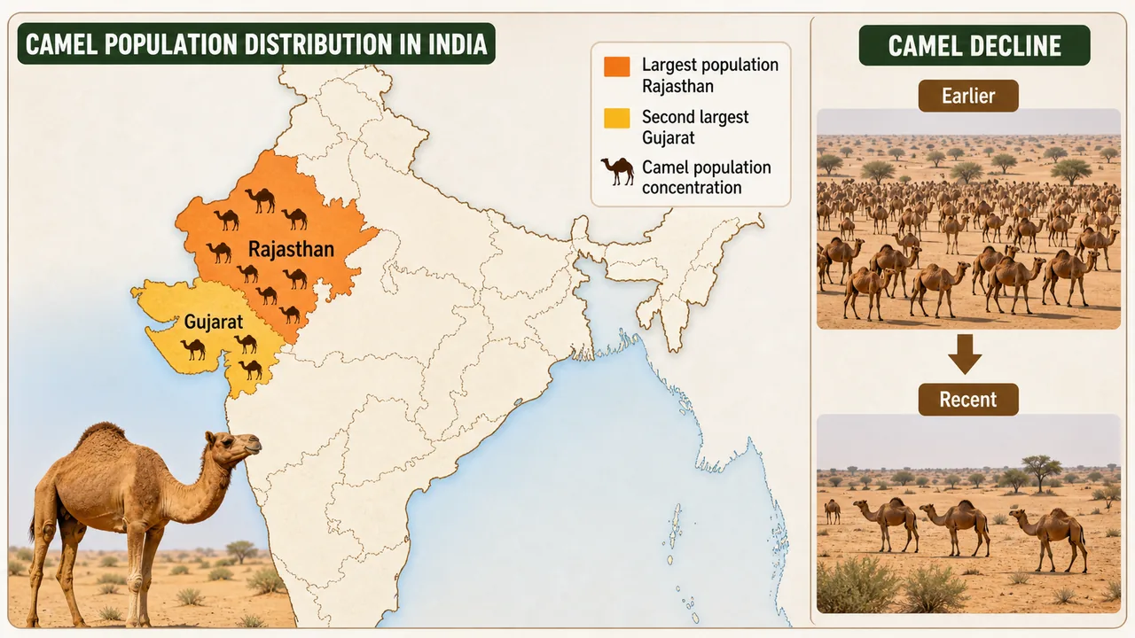 India camel population map highlighting Rajasthan first, Gujarat second, and the overall declining camel population trend