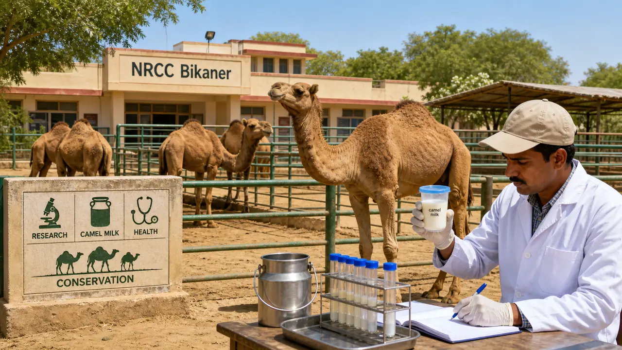 NRCC Bikaner camel research farm scene showing Indian dromedary camels, camel milk sampling, and breed conservation work