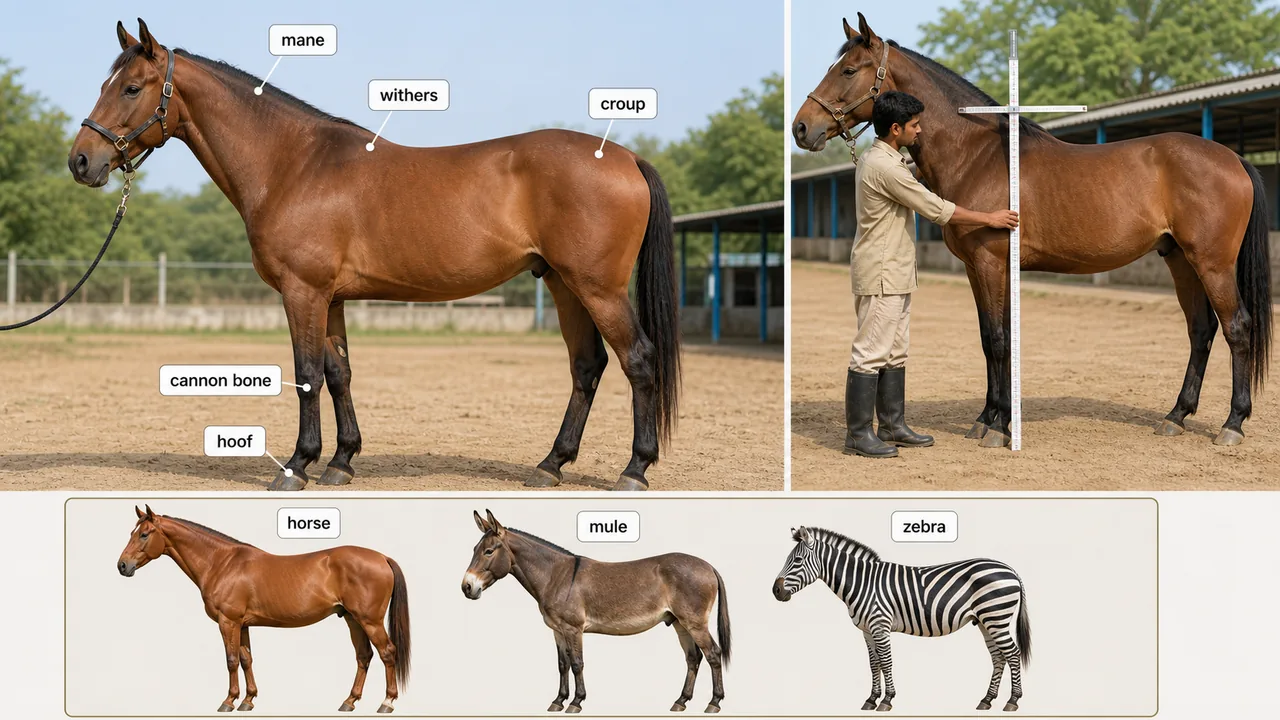 Equine terminology board showing horse body landmarks and comparison with mule and zebra