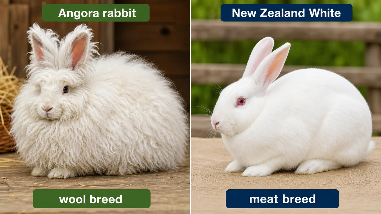 Rabbit breed comparison showing Angora rabbit with long wool coat and New Zealand White rabbit with smooth white body and red eyes