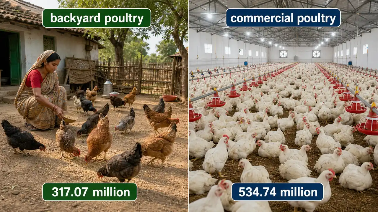 Backyard poultry and commercial poultry comparison showing rural household birds versus organized shed birds in the 2019 livestock census