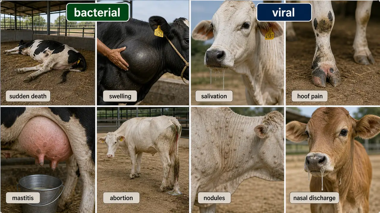 Comparison of common field clues for bacterial and viral cattle diseases including sudden death and swelling versus salivation, nodules, and hoof pain