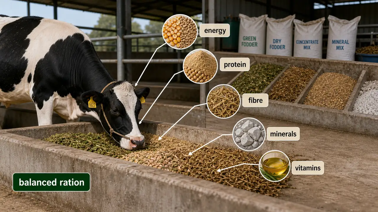 Balanced dairy cattle ration showing energy, protein, fibre, minerals, and vitamins supplied through different feed components