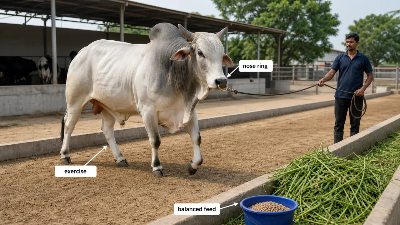 Breeding bull in fit but not fat body condition with exercise, rope control, and balanced feed