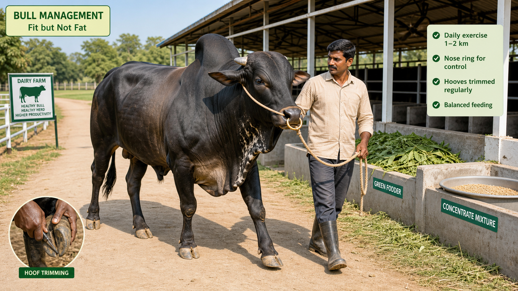 Breeding bull management board showing the ideal fit but not fat body condition with exercise and controlled feeding