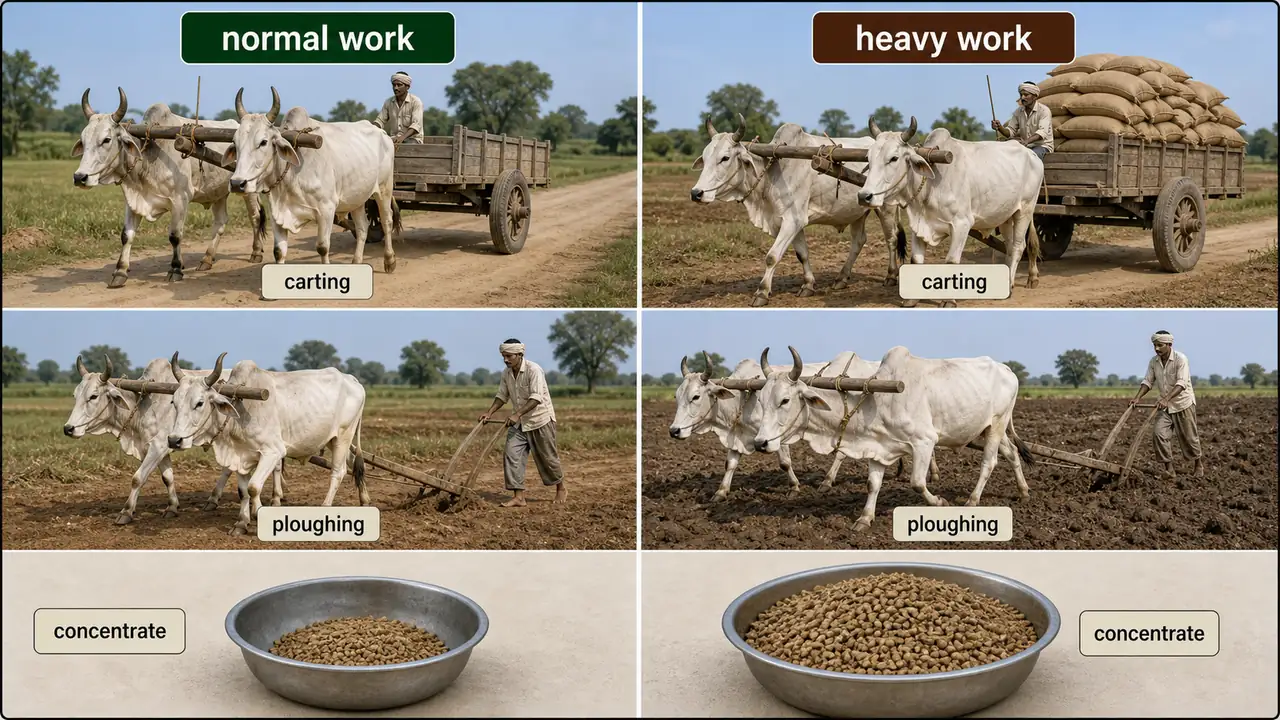 Bullock work comparison showing normal versus heavy carting and ploughing with different concentrate support