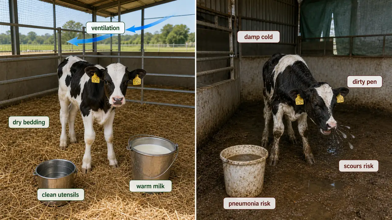 Healthy calf pen with dry bedding and ventilation compared with damp dirty calf pen showing higher scours and pneumonia risk