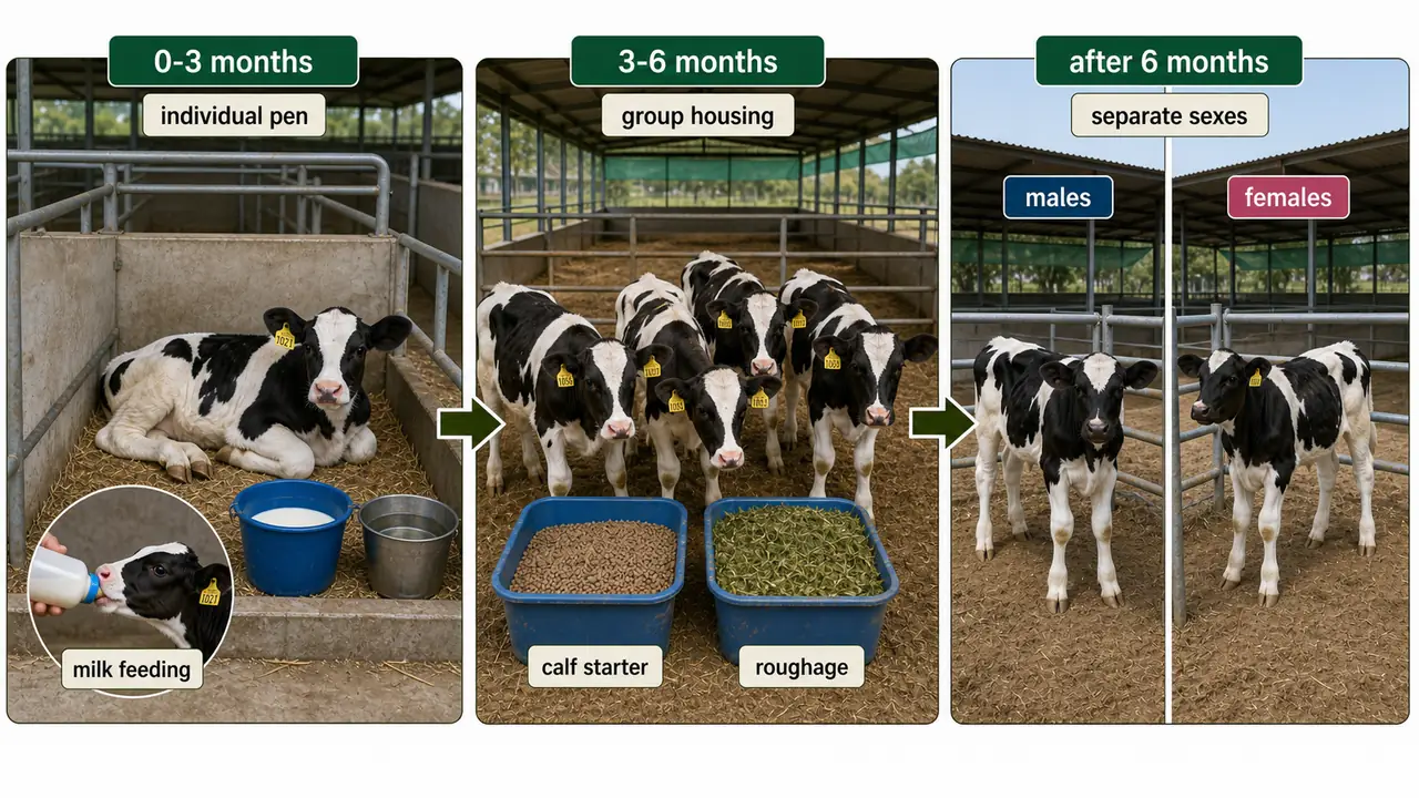 Calf rearing timeline showing individual pens with milk feeding from 0 to 3 months, group housing with calf starter from 3 to 6 months, and sex separation after 6 months