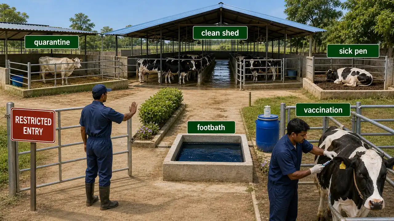 Cattle farm biosecurity measures showing restricted entry, quarantine, clean shed management, sick pen isolation, footbath, and vaccination