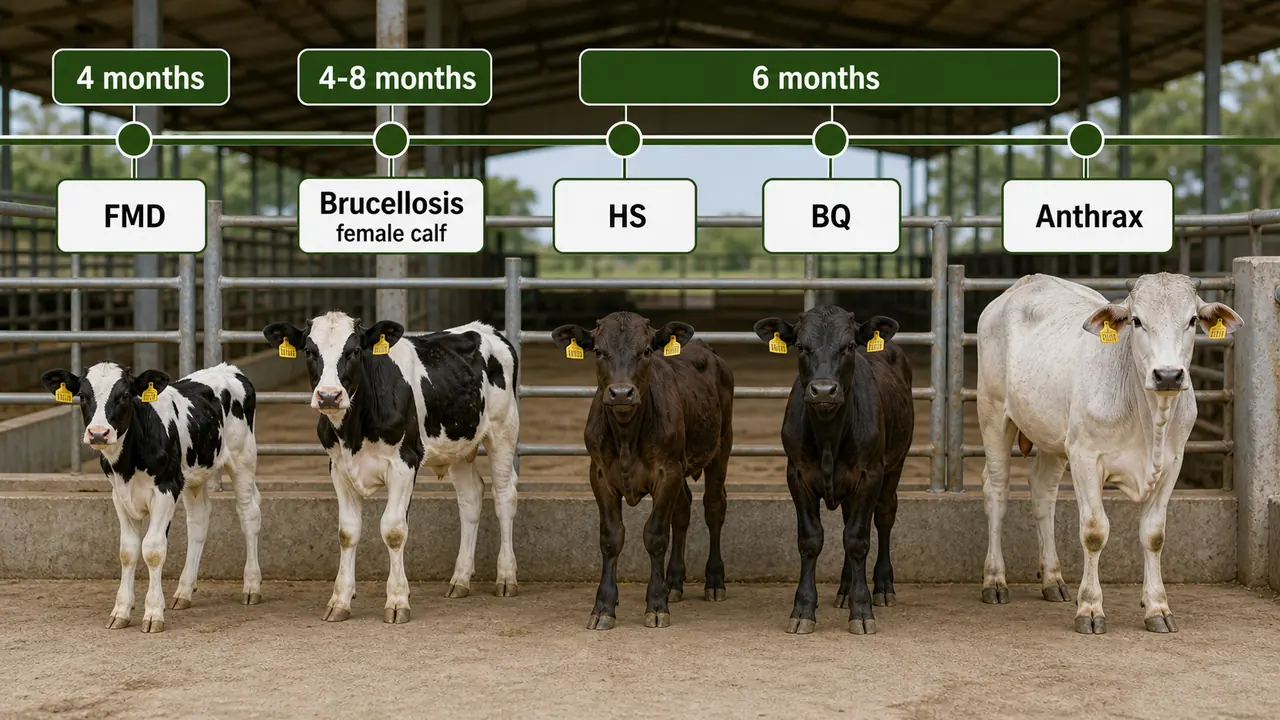 Cattle vaccination age timeline showing FMD at 4 months, Brucellosis for female calves at 4 to 8 months, and HS, BQ, and Anthrax from 6 months