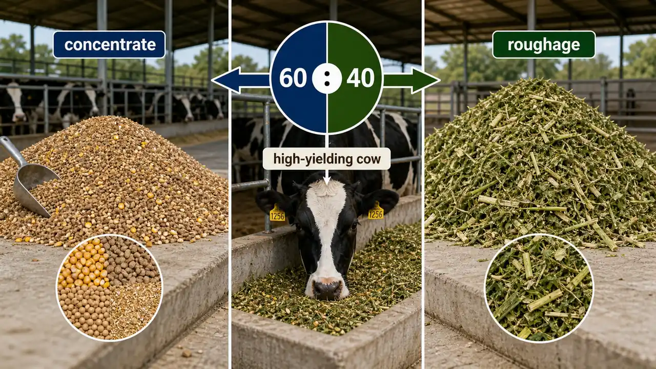 Concentrate and roughage comparison showing the 60 to 40 dry matter ratio for high-yielding dairy cows
