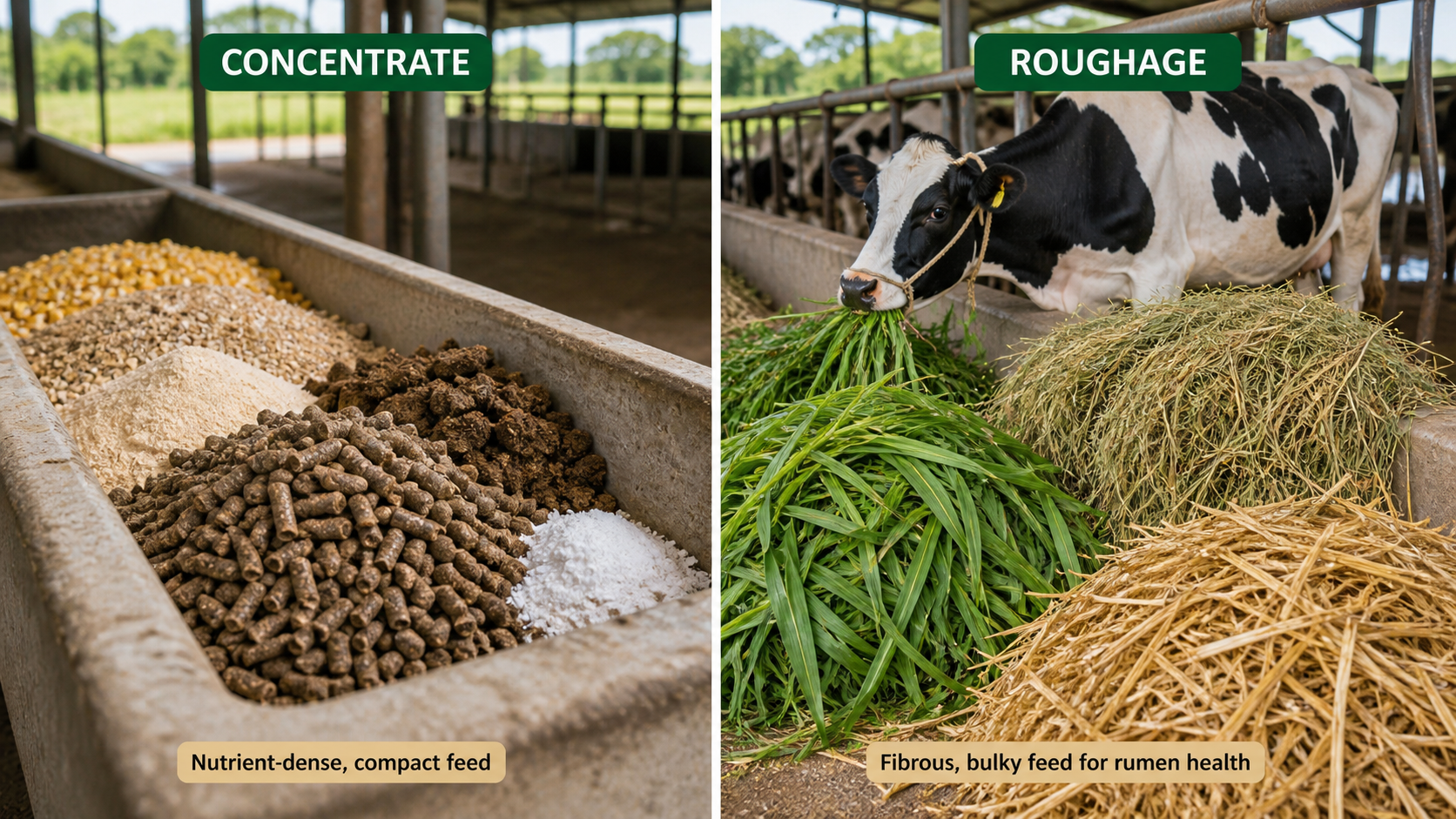Concentrate versus roughage comparison showing nutrient-dense grain-based feed against bulky fibrous fodder in cattle rations