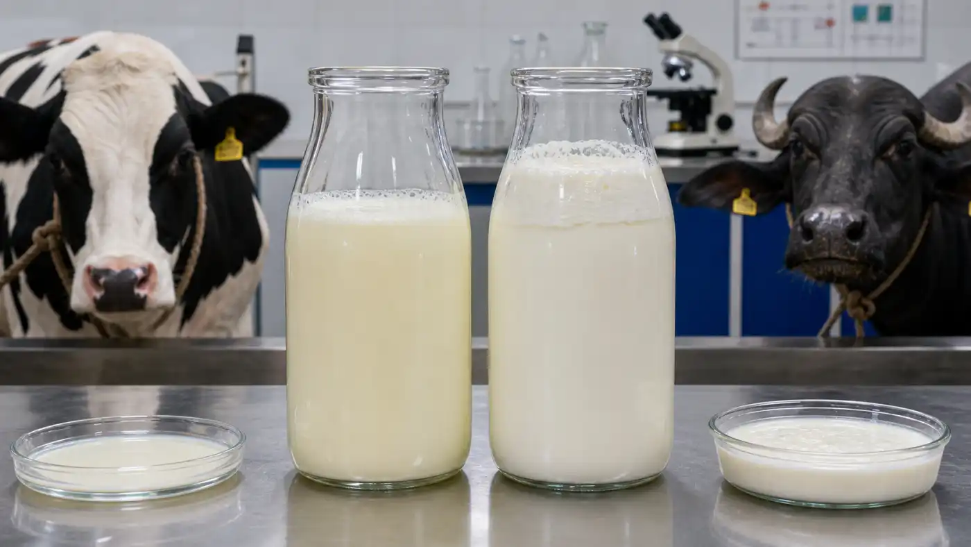 Side-by-side comparison of slightly yellow cow milk and whiter creamier buffalo milk in clean glass bottles