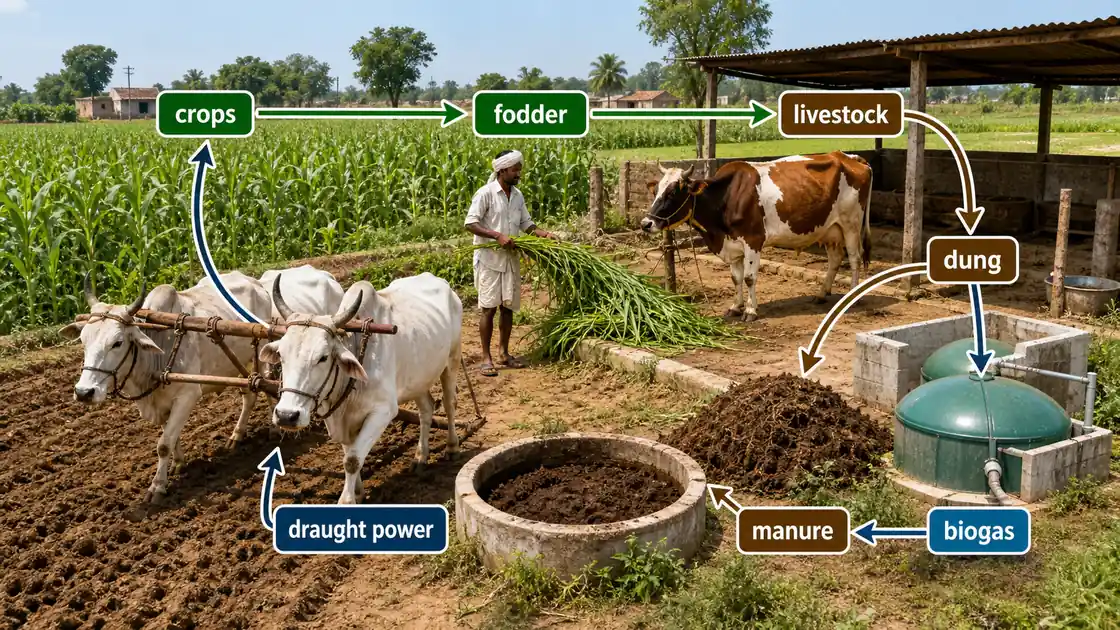 Crop-livestock interaction in mixed farming showing crops, fodder, livestock, dung, manure, biogas and draught power links