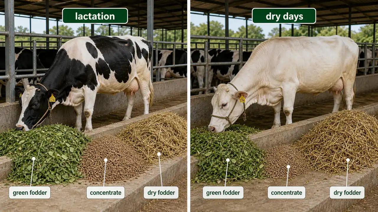 Crossbred dairy cow feeding comparison showing higher concentrate during lactation and lower concentrate with more dry fodder during dry days