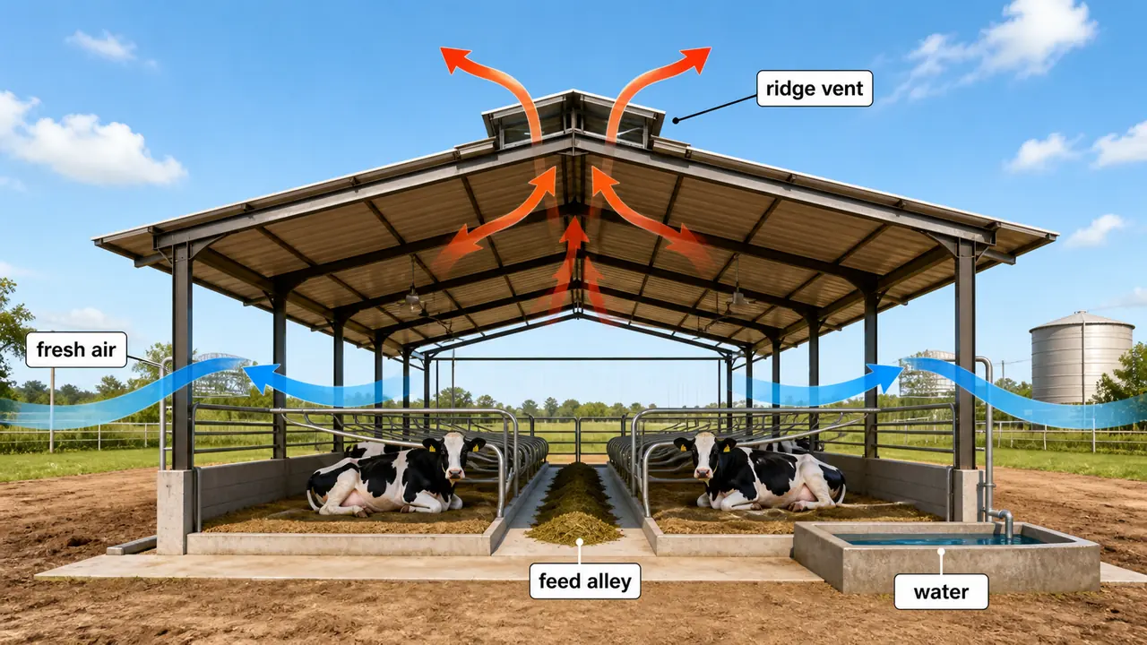 Open-sided dairy cattle shed showing fresh air entry, ridge vent exhaust, feed alley, and water point for better thermal comfort