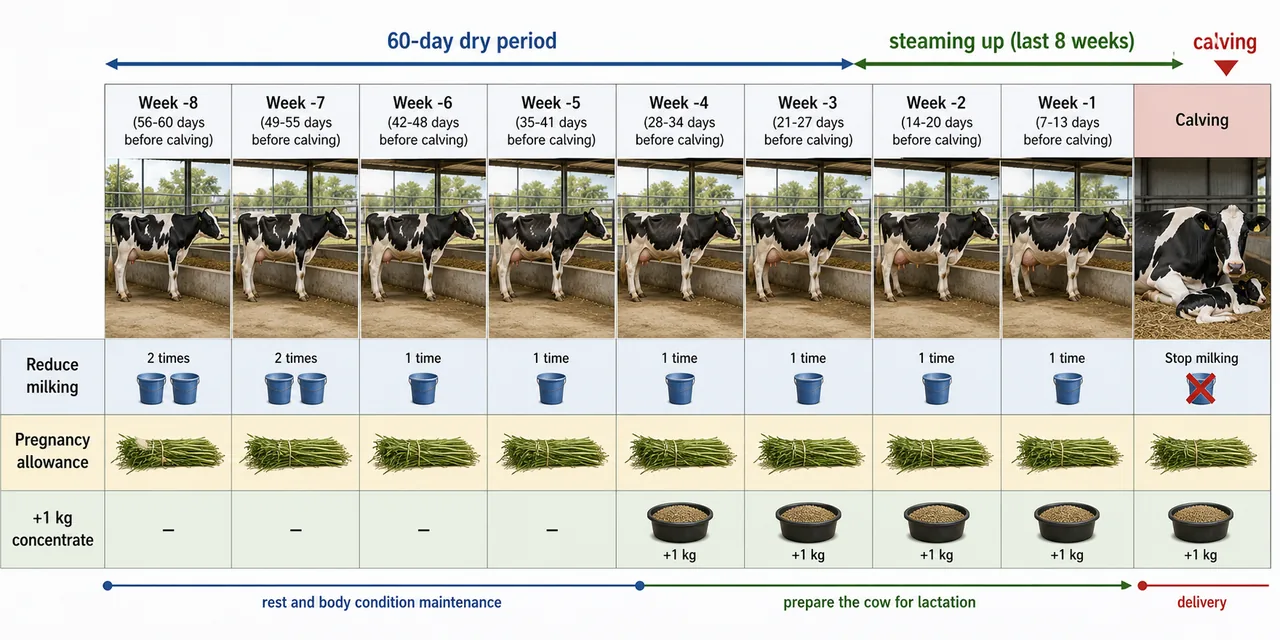 Pre-calving dairy cow management timeline showing 60-day dry period, reduced milking frequency, pregnancy allowance feed, and extra concentrate before calving