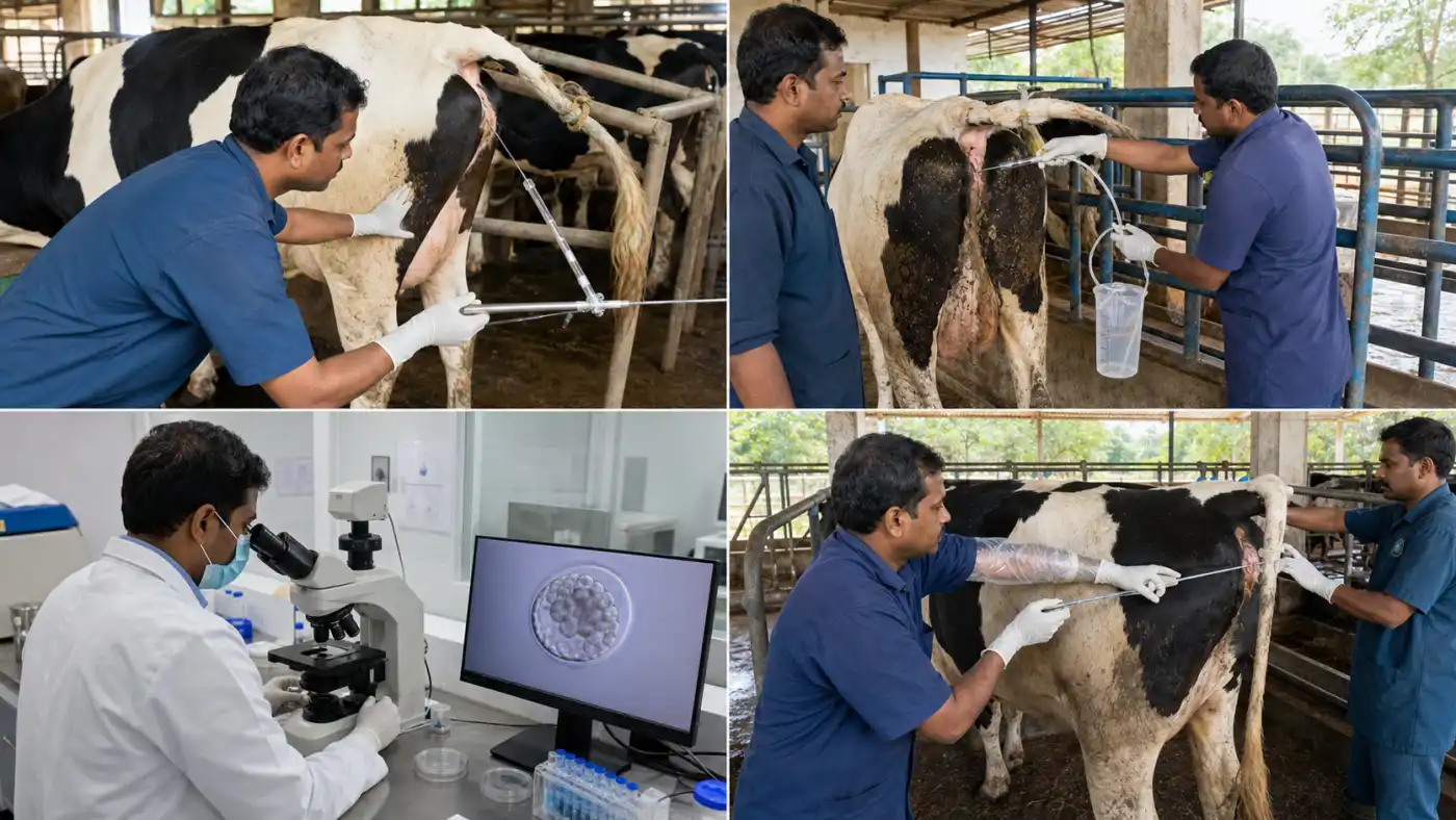 Embryo transfer workflow showing donor flushing, embryo examination, and transfer into a synchronized recipient cow