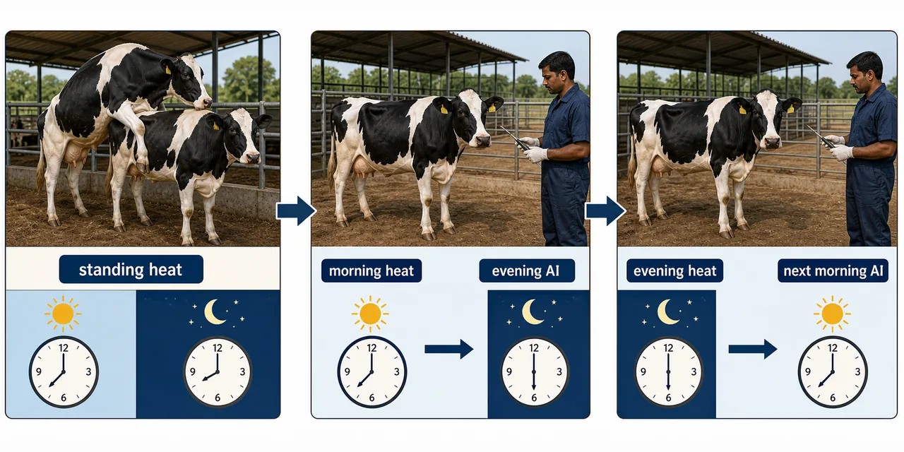 Standing heat detection and AM-PM artificial insemination timing rule in cattle