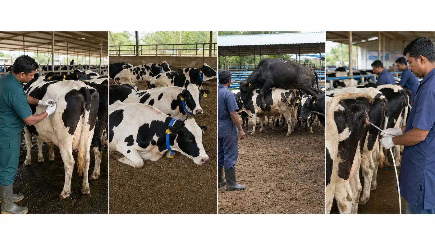 Herd-level estrus synchronization workflow showing hormone treatment, grouped heat detection, and batch artificial insemination in dairy cattle