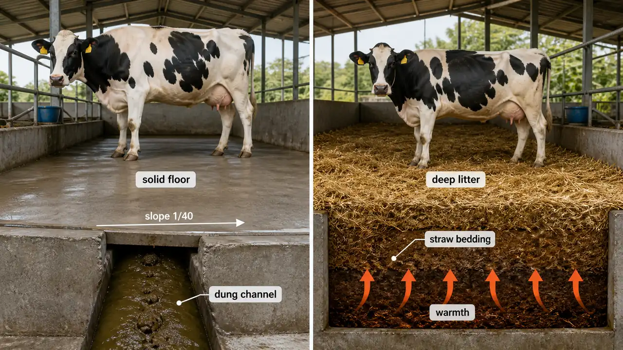 Comparison of solid concrete dairy floor with drainage slope and deep litter dairy floor with straw bedding and composting warmth