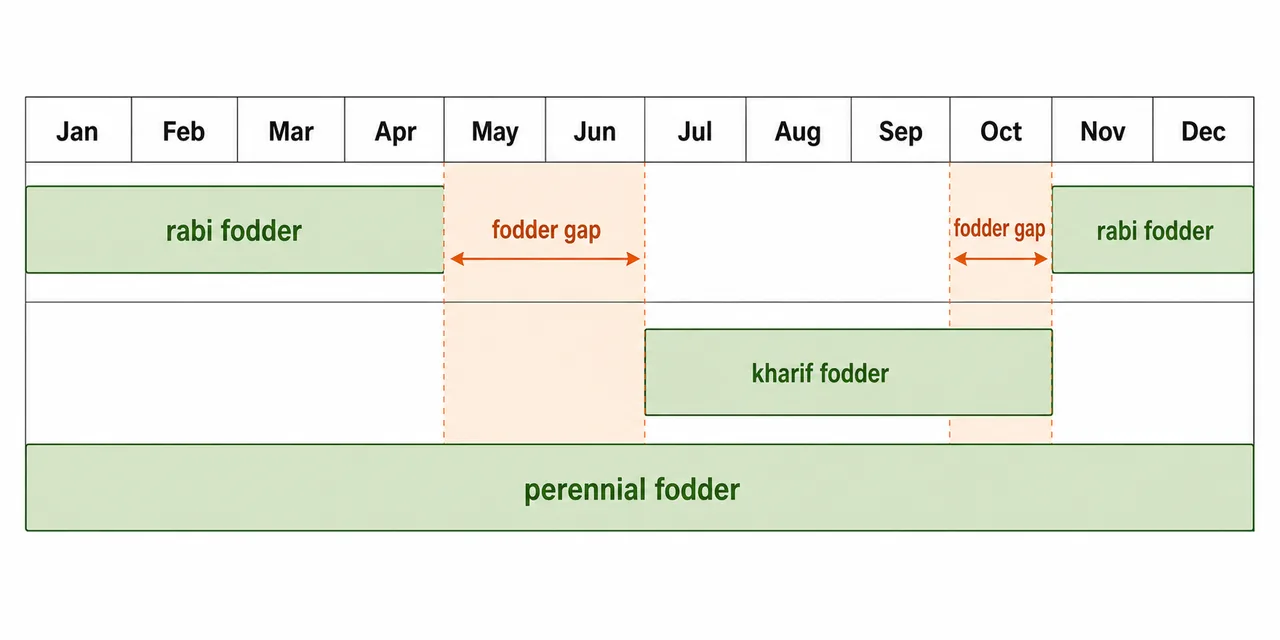 Seasonal fodder timeline in India showing rabi fodder, kharif fodder, perennial fodder, and the May-June and October-November lean gaps