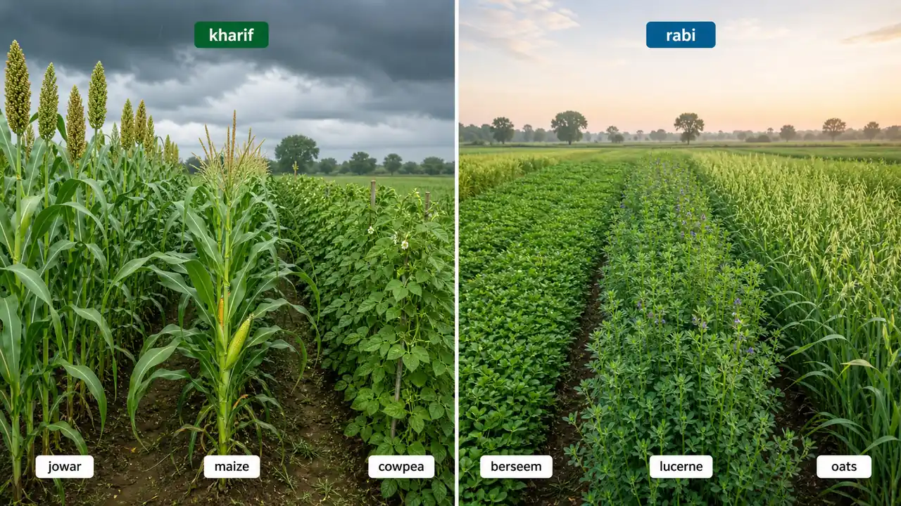Seasonal fodder crop comparison showing kharif crops jowar maize cowpea and rabi crops berseem lucerne oats