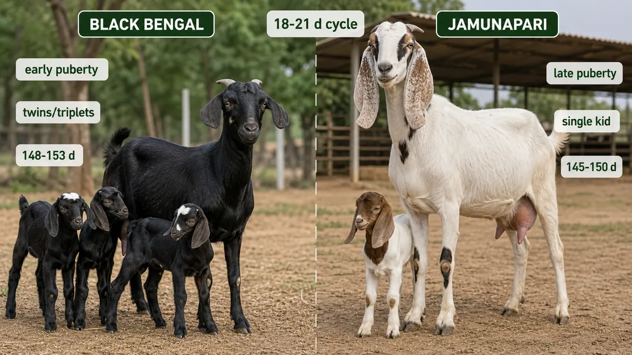 Comparison of Black Bengal and Jamunapari goat reproductive performance showing puberty timing, litter size, and gestation range