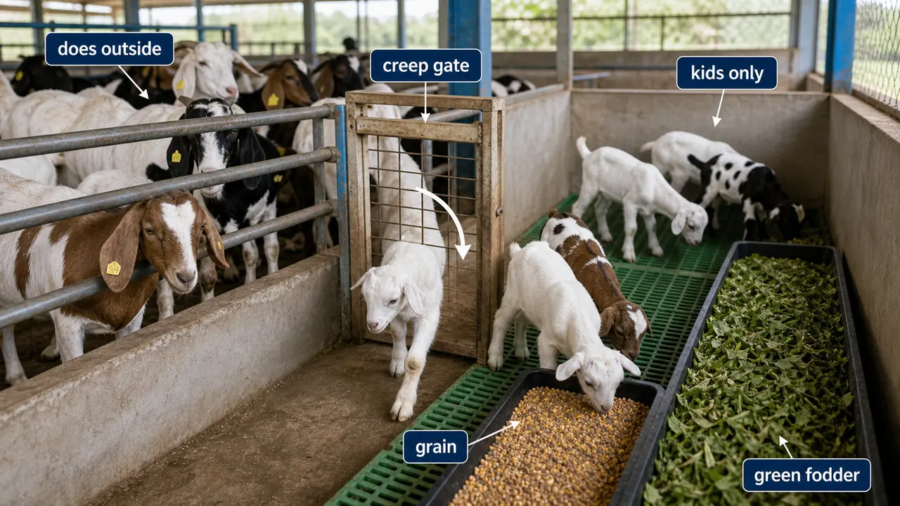 Goat creep feeding layout showing kids entering a creep gate to reach grain and green fodder while adult does stay outside