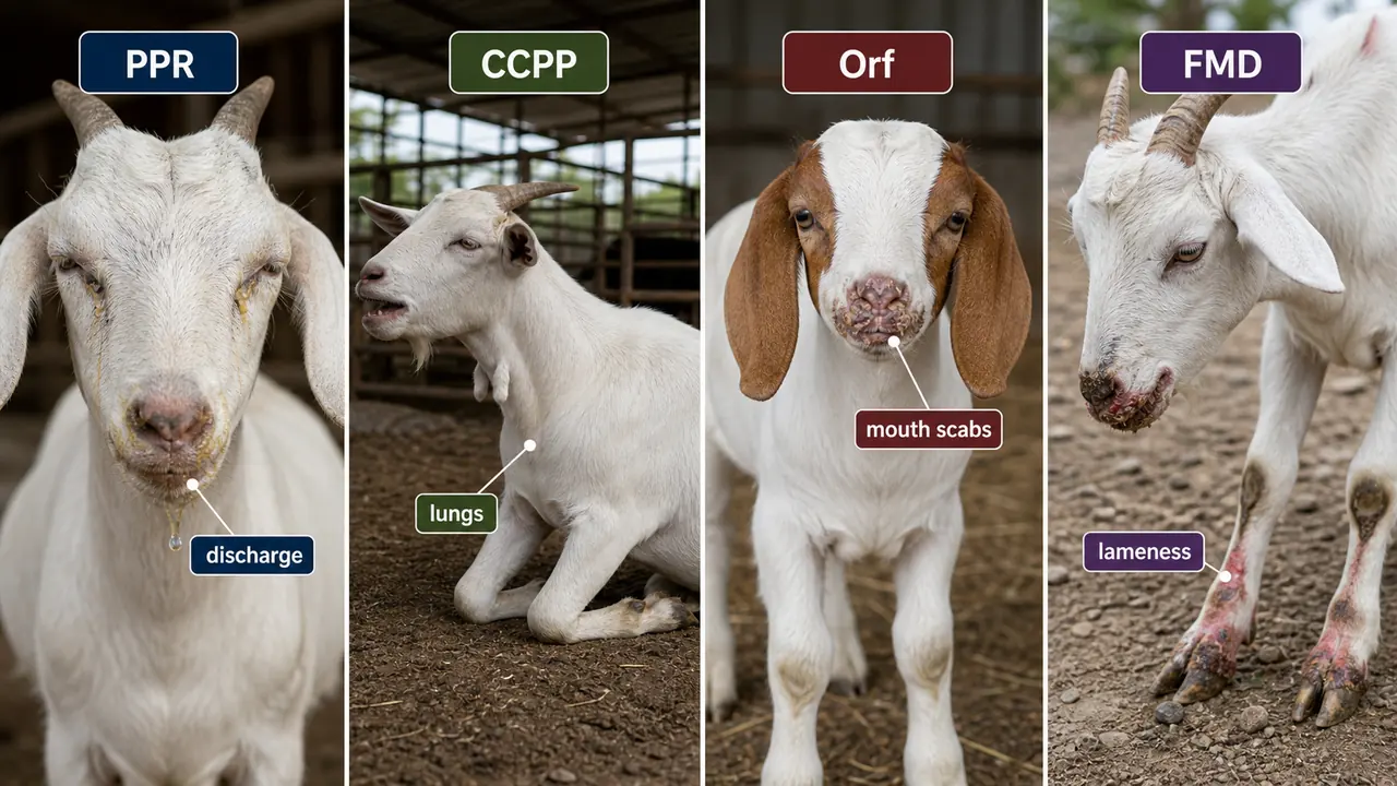 Comparison of major goat disease signs showing PPR discharge, CCPP respiratory distress, Orf mouth scabs, and FMD lameness